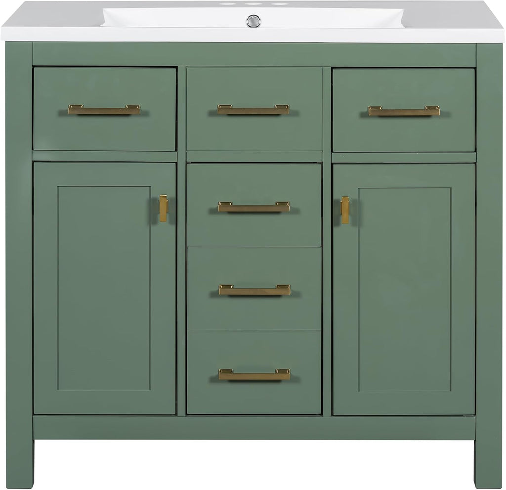 36 Inch Green Bathroon Vanity with Sink,Modern Bathroom Sink Cabinet 36' with 4 Drawers & 2 Cabinets,Integrated Countertop,Gold Handles,Soft Closing,Solid Wood Frame