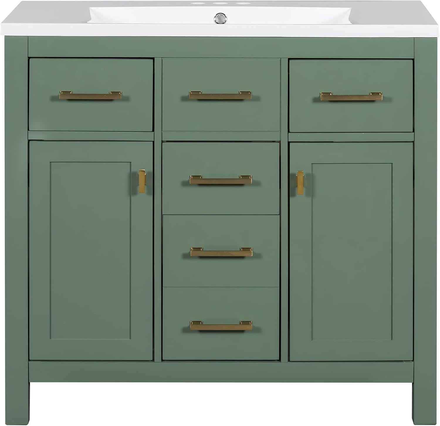 36 Inch Green Bathroon Vanity with Sink,Modern Bathroom Sink Cabinet 36' with 4 Drawers & 2 Cabinets,Integrated Countertop,Gold Handles,Soft Closing,Solid Wood Frame