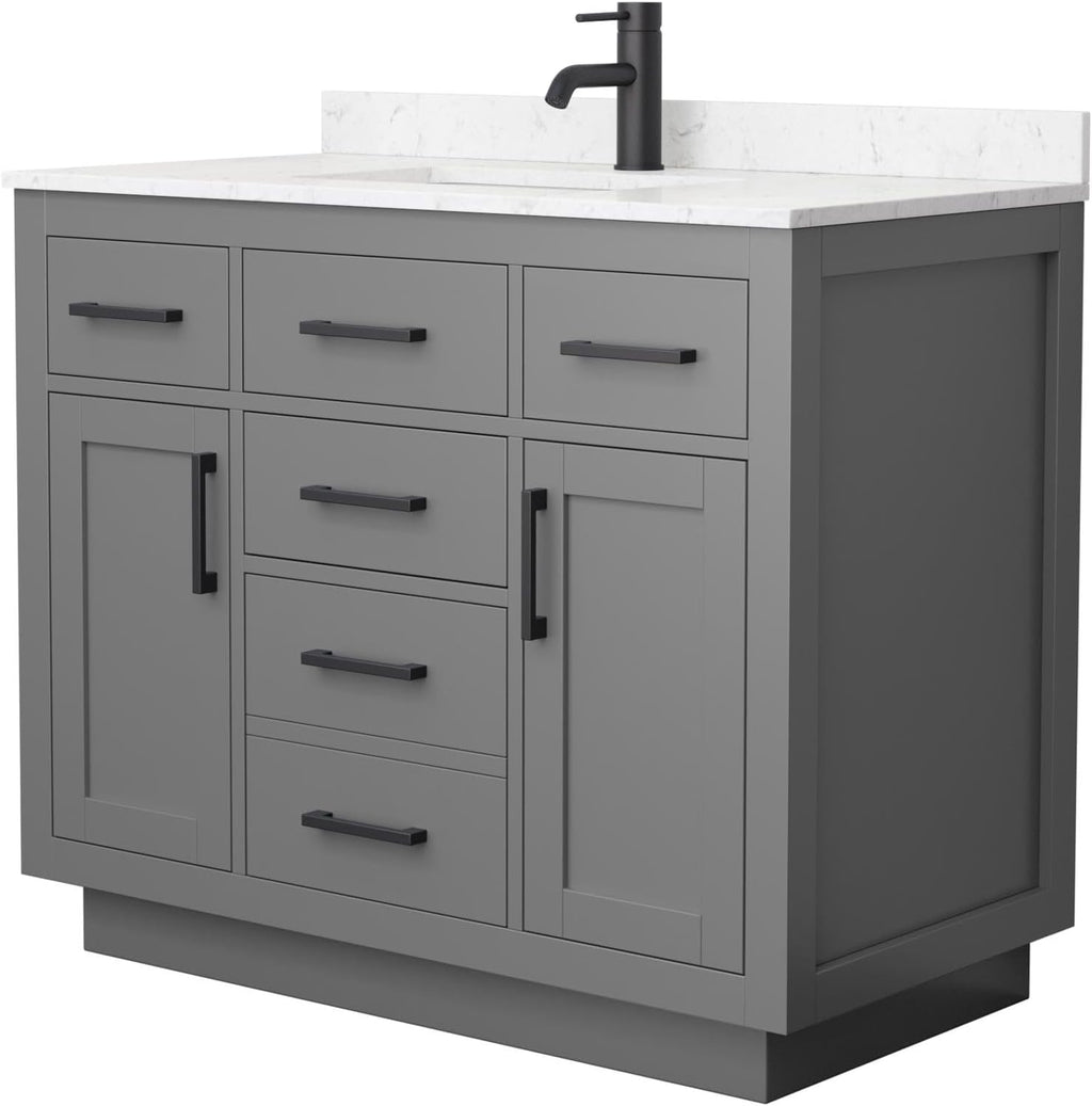 Wyndham Collection Beckett 42 Inch Single Bathroom Vanity with Toe Kick in Dark Gray, Carrara Cultured Marble Countertop, Undermount Square Sink, Matte Black Trim