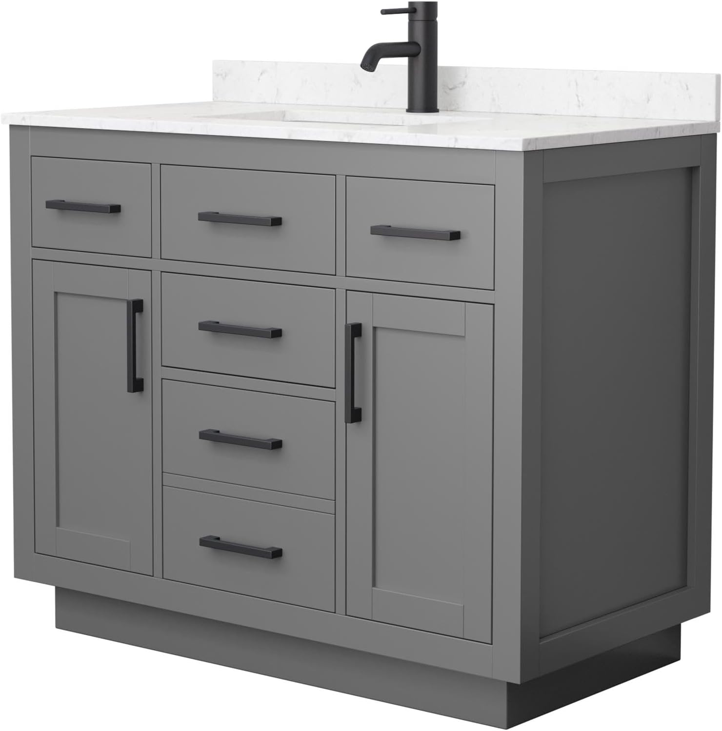 Wyndham Collection Beckett 42 Inch Single Bathroom Vanity with Toe Kick in Dark Gray, Carrara Cultured Marble Countertop, Undermount Square Sink, Matte Black Trim