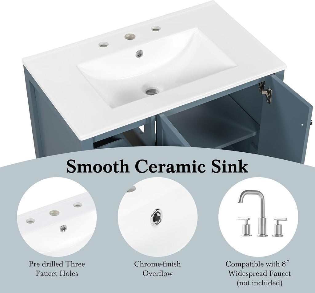 LUMISOL 30 Inch Bathroom Vanity with Ceramic Sink, Solid Wood Bathroom Vanity with 2 Drawers, Soft-Close Doors & Open Shelf, Freestanding Bathroom Storage Cabinet with Sink, Blue