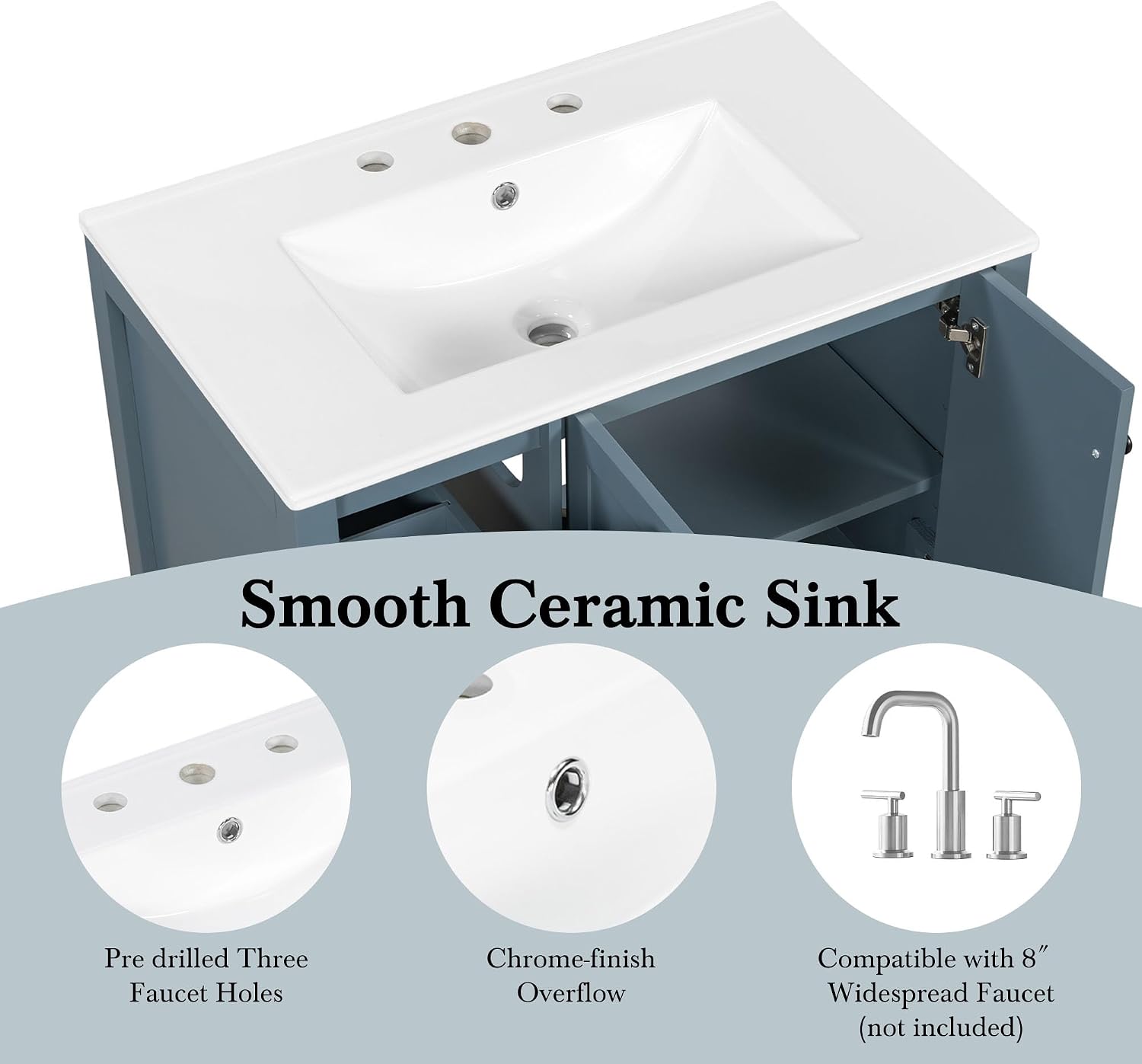 LUMISOL 30 Inch Bathroom Vanity with Ceramic Sink, Solid Wood Bathroom Vanity with 2 Drawers, Soft-Close Doors & Open Shelf, Freestanding Bathroom Storage Cabinet with Sink, Blue