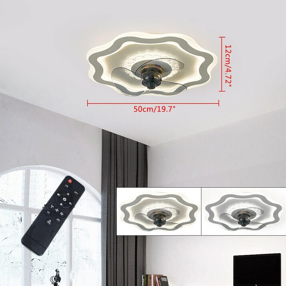 Chandelier , Low Profile Ceiling Fan with Lights Remote Control 20inch Modern Fandaliers Ceiling Fan Chandelier 3 Color Dimmable 3 Speed 3 Blade Flush Mount Ceiling Fan Light for Bedroom,72W 6400LM