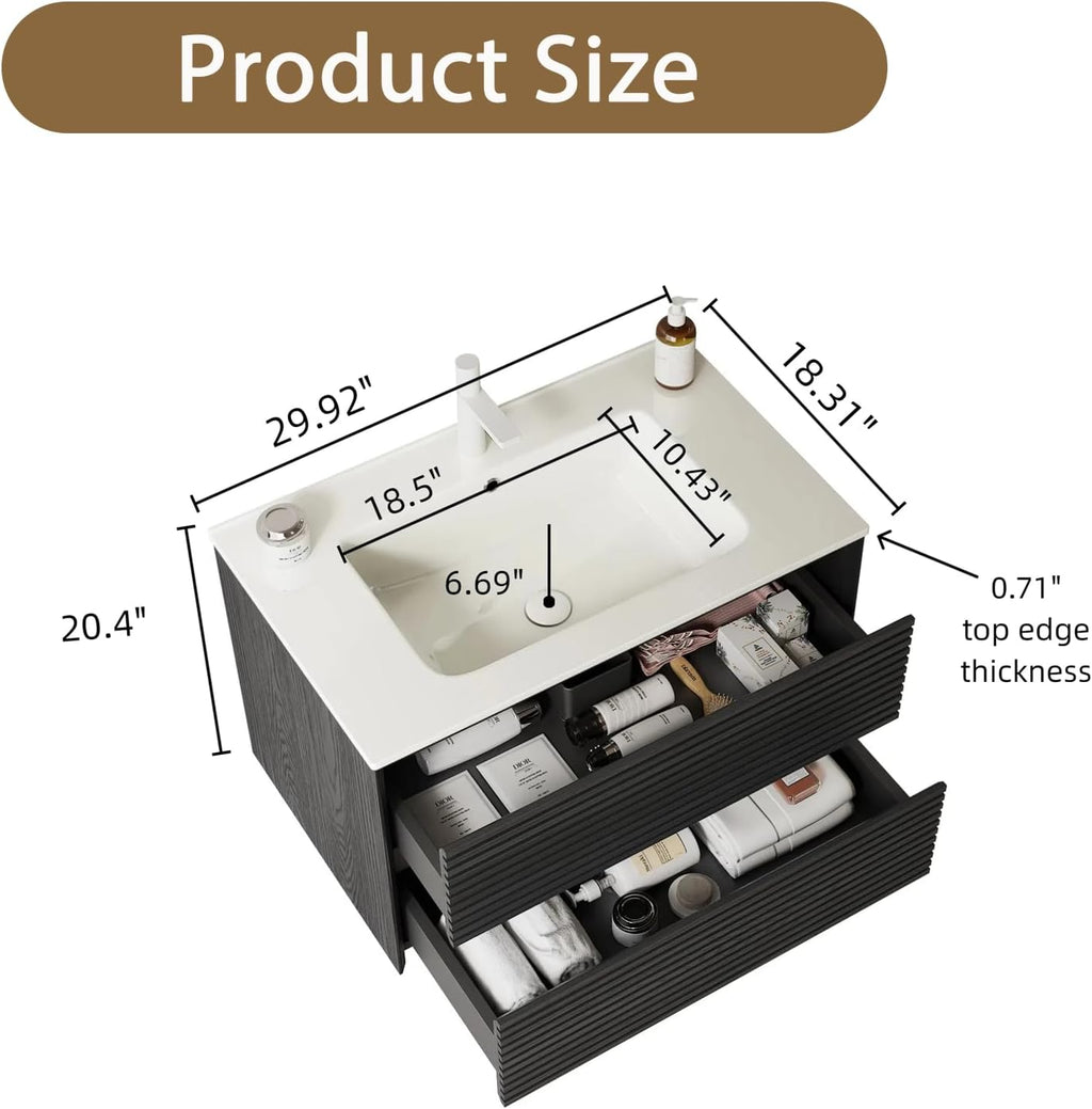 Eleshine 30 inch Floating Bathroom Vanity with Sink, Woodgrain Bathroom Cabinet with 2 Storage Drawer， Pre-Assembled and Integrated Ceramic Basin for Wall Mount Vanities - Dark Oak