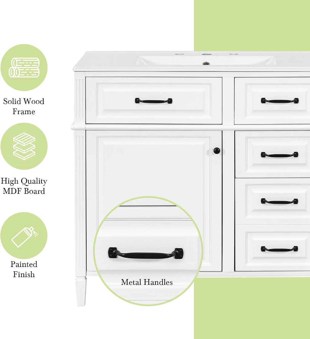 36' Bathroom Vanities Cabinet with Ceramic Sink Top, Tip-Out Drawers and Door Shelf, Soft-Closing Door, Solid Wood Legs, White
