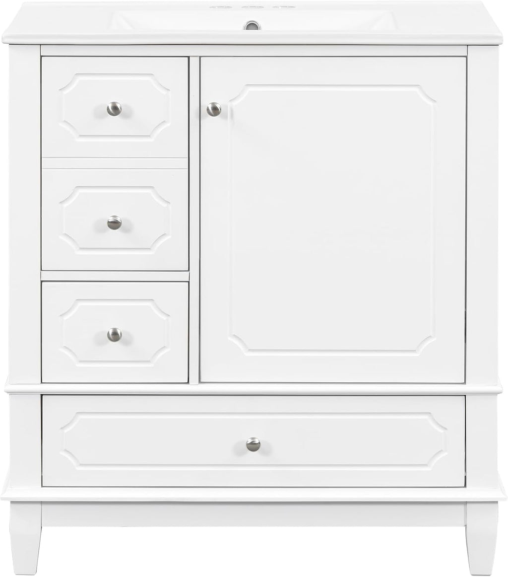 Bathroom Vanity with Ceramic Sink 30 inch, Multi-Functional Storage Cabinet with Drawers and Door Shelf, Solid Wood Frame, Soft-Closing Door, White