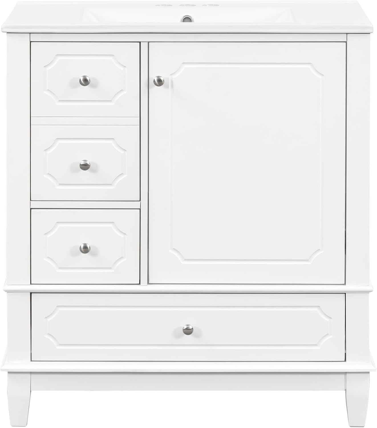 Bathroom Vanity with Ceramic Sink 30 inch, Multi-Functional Storage Cabinet with Drawers and Door Shelf, Solid Wood Frame, Soft-Closing Door, White