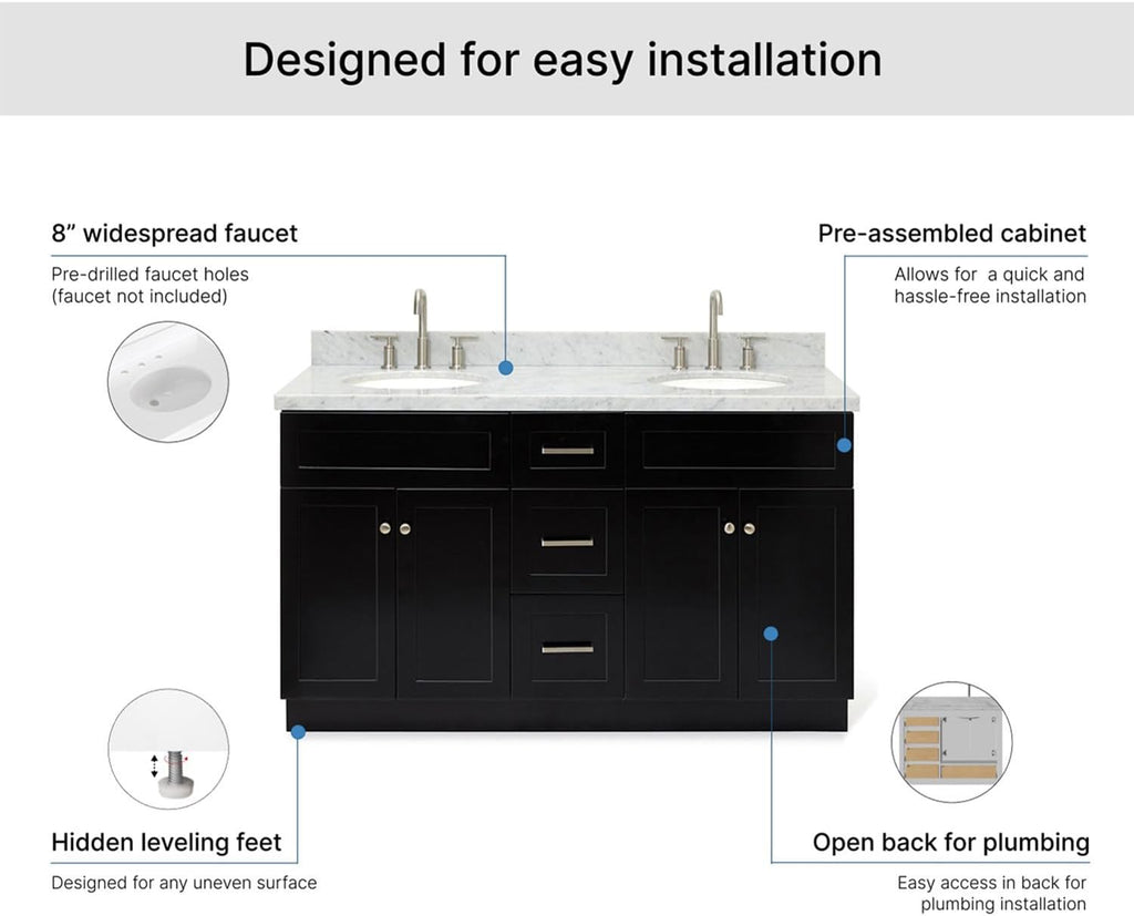 ARIEL Hamlet 60-inch Bathroom Vanity with Sink,Solid Wood, 1.5-inch Italian Carrara Marble Countertop & Backsplash, Double Oval Porcelain Sink, 4 Soft Closing Doors, 3 Dovetail Drawers, Black