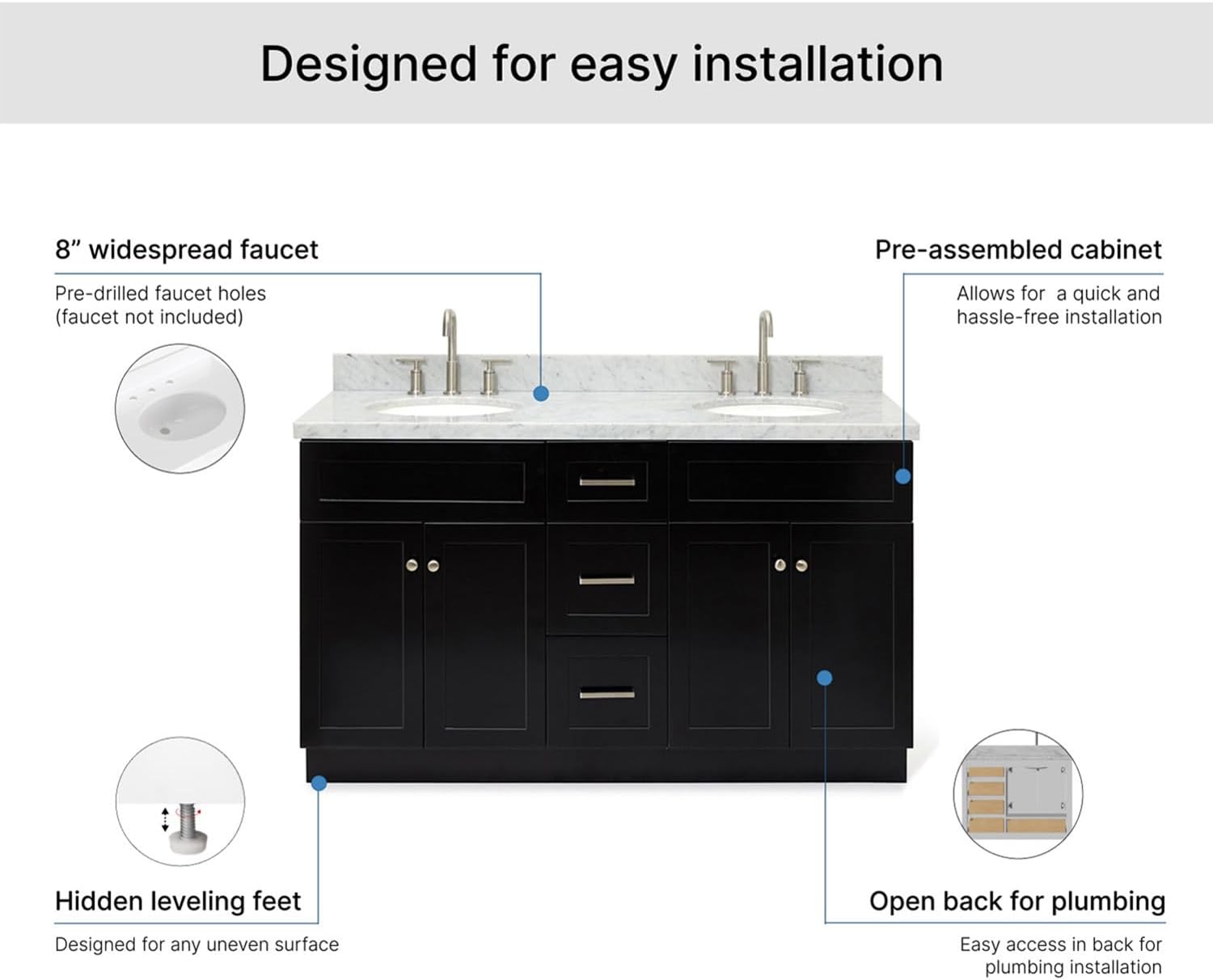 ARIEL Hamlet 60-inch Bathroom Vanity with Sink,Solid Wood, 1.5-inch Italian Carrara Marble Countertop & Backsplash, Double Oval Porcelain Sink, 4 Soft Closing Doors, 3 Dovetail Drawers, Black