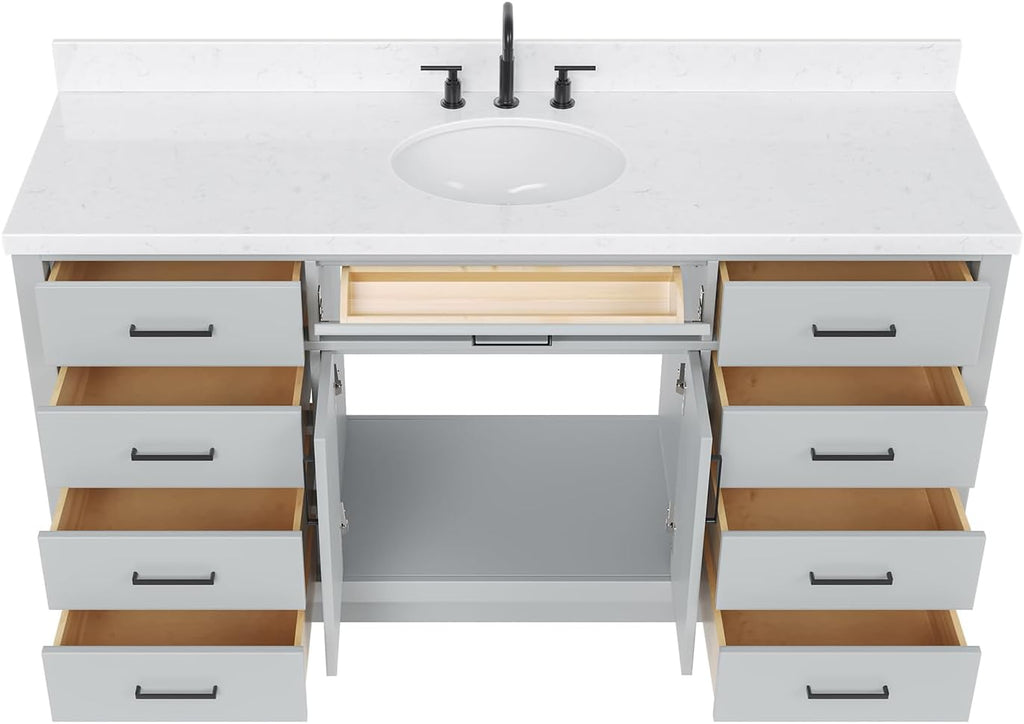 ARIEL Hepburn 66-inch Bathroom Vanity with Sink,Solid Wood, 1.5-inch Carrara White Quartz Countertop & Backsplash, Single Oval Porcelain Sink, 2 Soft Closing Doors, 9 Dovetail Drawers, Grey