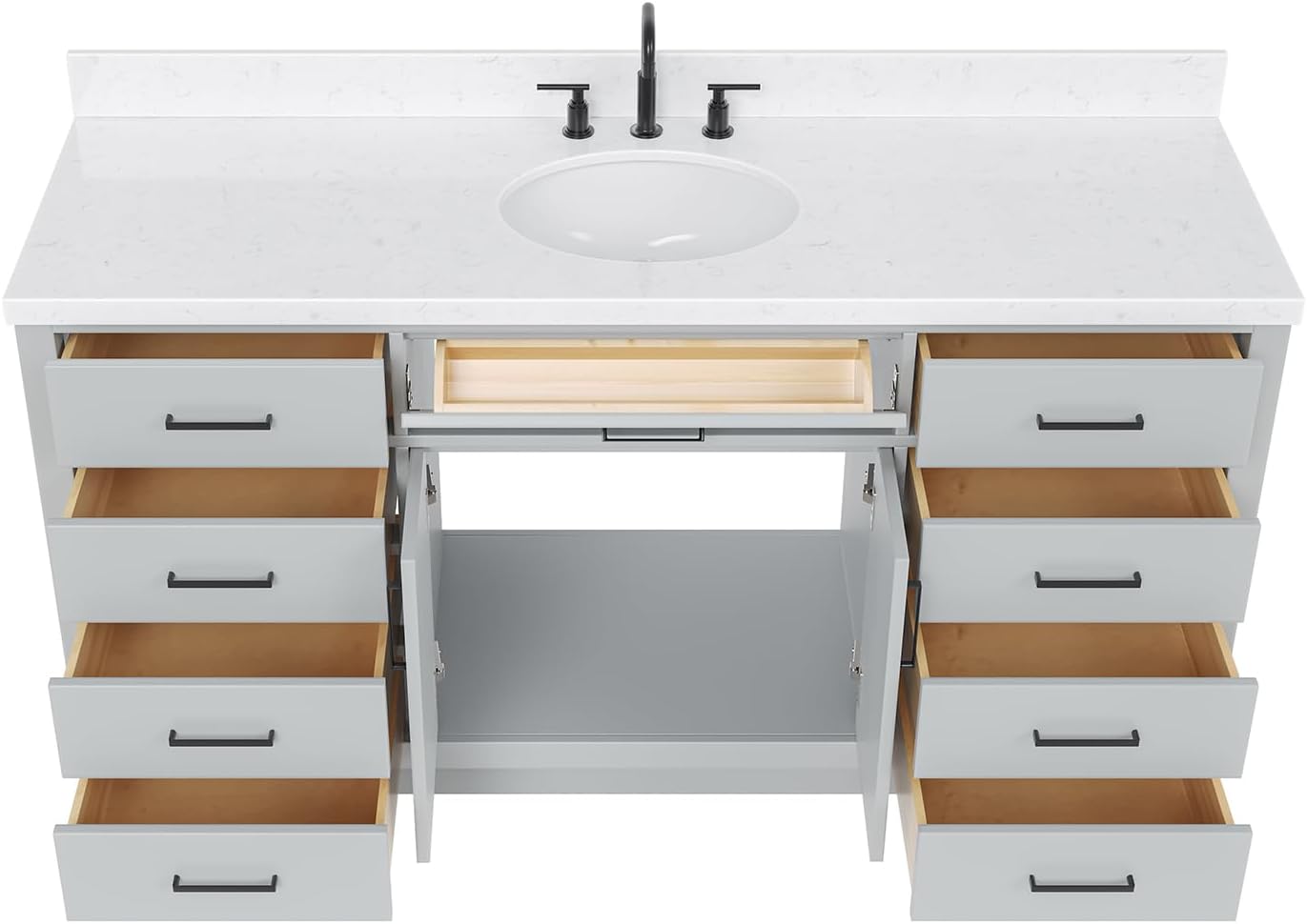 ARIEL Hepburn 66-inch Bathroom Vanity with Sink,Solid Wood, 1.5-inch Carrara White Quartz Countertop & Backsplash, Single Oval Porcelain Sink, 2 Soft Closing Doors, 9 Dovetail Drawers, Grey