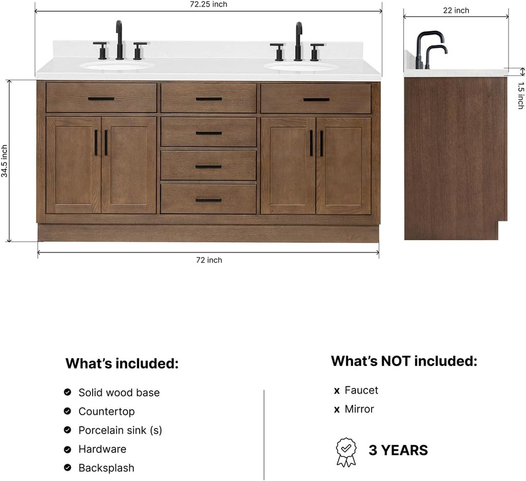 ARIEL Hepburn 72-inch Bathroom Vanity with Sink,Solid Wood, 1.5-inch Carrara White Quartz Countertop & Backsplash, Double Oval Porcelain Sink, 4 Soft Closing Doors, 6 Dovetail Drawers, Brown Oak