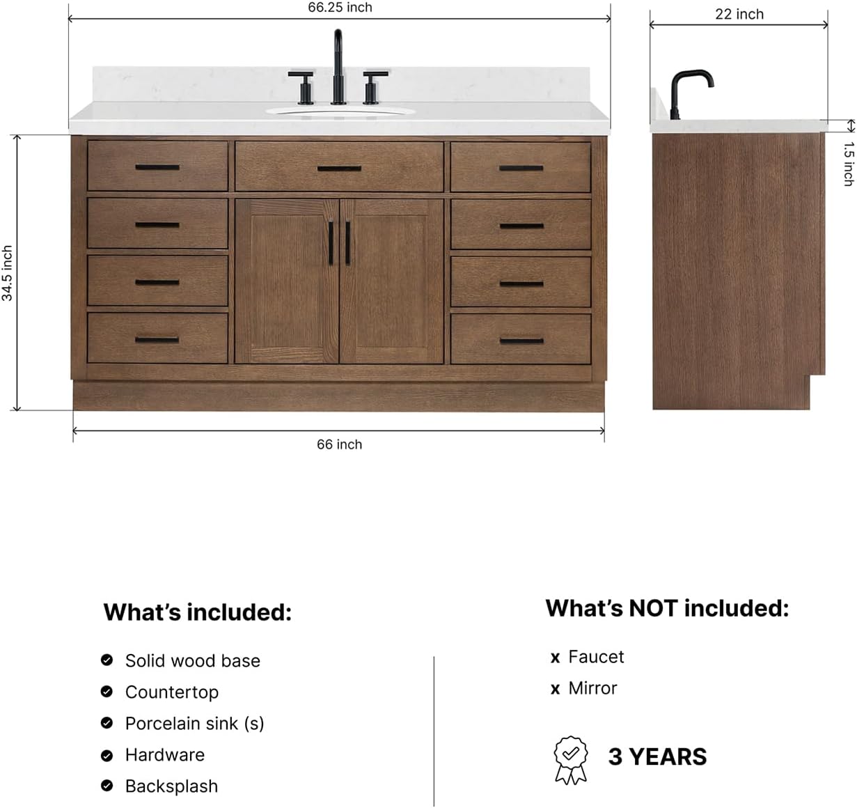 ARIEL Hepburn 66-inch Bathroom Vanity with Sink,Solid Wood, 1.5-inch Carrara White Quartz Countertop & Backsplash, Single Oval Porcelain Sink, 2 Soft Closing Doors, 9 Dovetail Drawers, Brown Oak