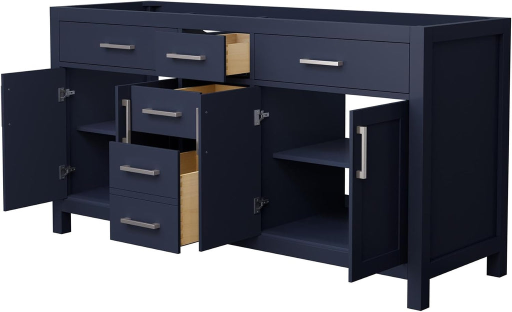 Wyndham Collection Beckett 66 Inch Double Bathroom Vanity in Dark Blue, No Countertop, No Sinks, Brushed Nickel Trim