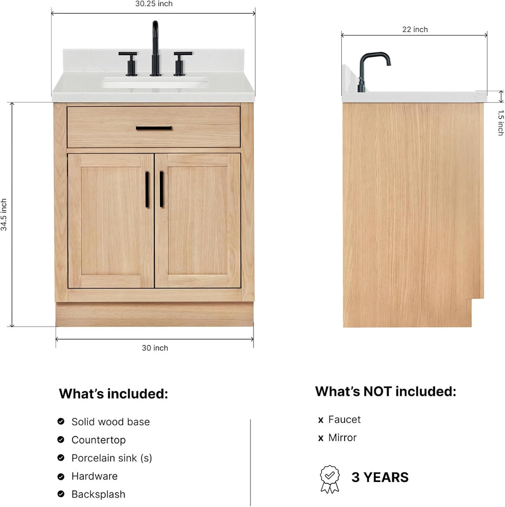 ARIEL Hepburn 30-inch Bathroom Vanity with Sink,Solid Wood, 1.5-inch Carrara White Quartz Countertop, Single Rectangular Porcelain Sink, 2 Soft Closing Doors, 1 Dovetail Drawers, White Oak