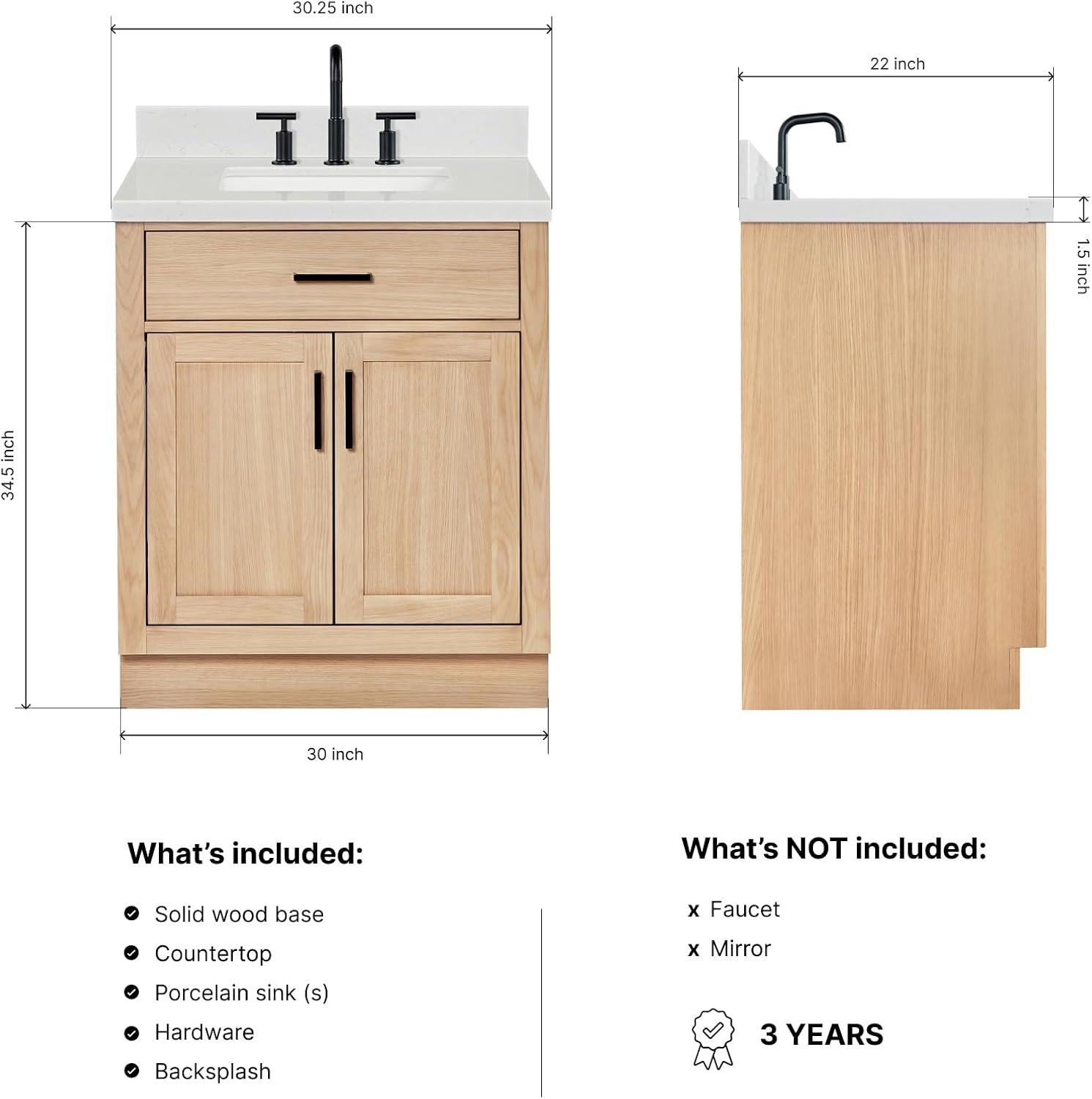 ARIEL Hepburn 30-inch Bathroom Vanity with Sink,Solid Wood, 1.5-inch Carrara White Quartz Countertop, Single Rectangular Porcelain Sink, 2 Soft Closing Doors, 1 Dovetail Drawers, White Oak