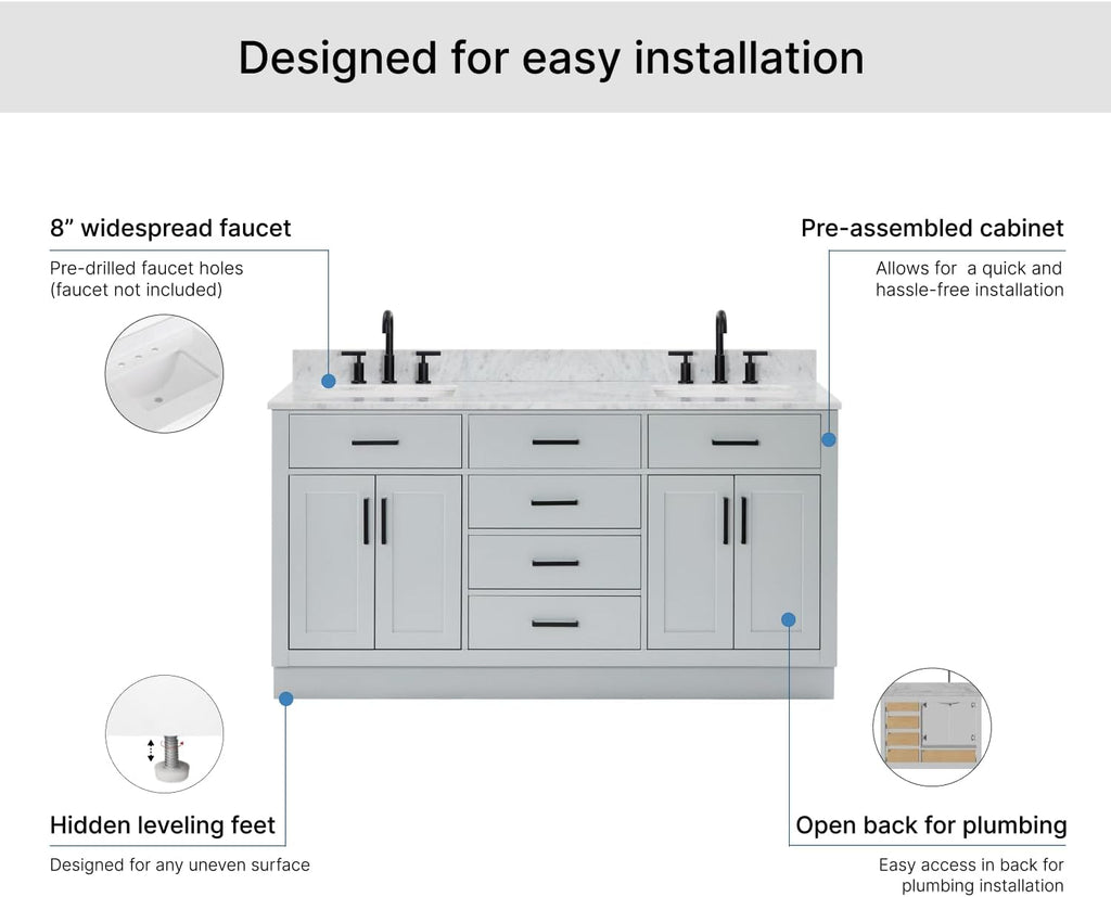 ARIEL Hepburn 66-inch Bathroom Vanity with Sink,Solid Wood, 0.75-inch Italian Carrara Marble Countertop, Double Rectangular Porcelain Sink, 4 Soft Closing Doors, 6 Dovetail Drawers, Grey