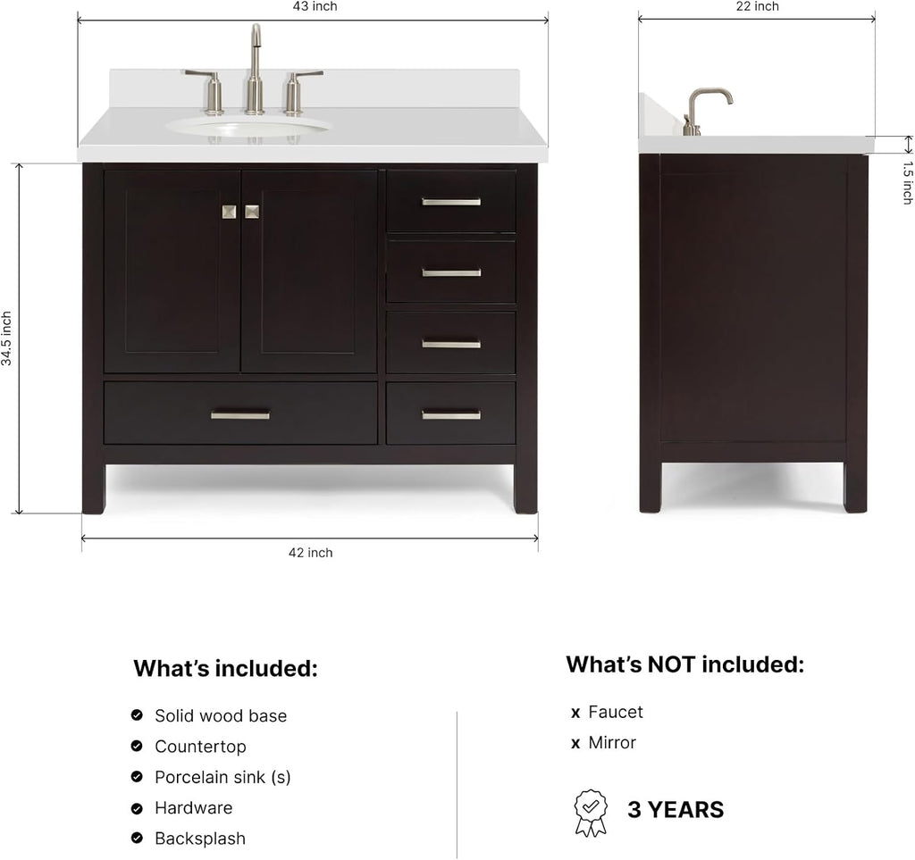 ARIEL Cambridge 42-inch Bathroom Vanity with Sink,Solid Wood, 1.5-inch Pure White Quartz Countertop & Backsplash, Single Oval Porcelain Sink, 2 Soft Closing Doors, 5 Dovetail Drawers, Espresso