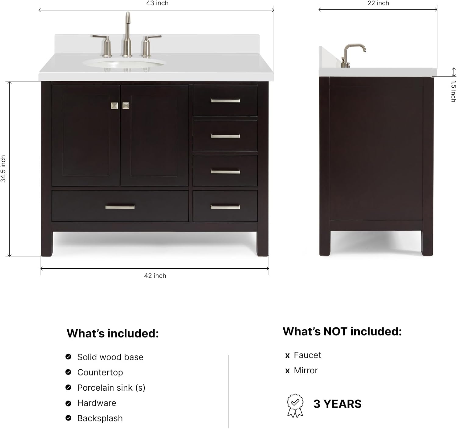 ARIEL Cambridge 42-inch Bathroom Vanity with Sink,Solid Wood, 1.5-inch Pure White Quartz Countertop & Backsplash, Single Oval Porcelain Sink, 2 Soft Closing Doors, 5 Dovetail Drawers, Espresso