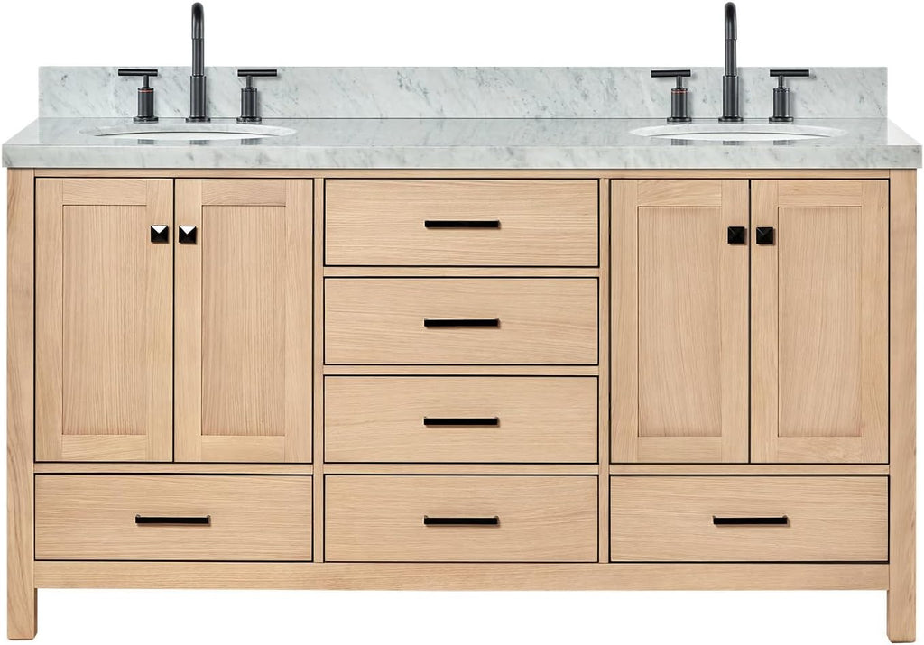 ARIEL Cambridge 66-inch Bathroom Vanity with Sink,Solid Wood, 1.5-inch Italian Carrara Marble Countertop, Double Oval Porcelain Sink, 4 Soft Closing Doors, 6 Dovetail Drawers, White Oak