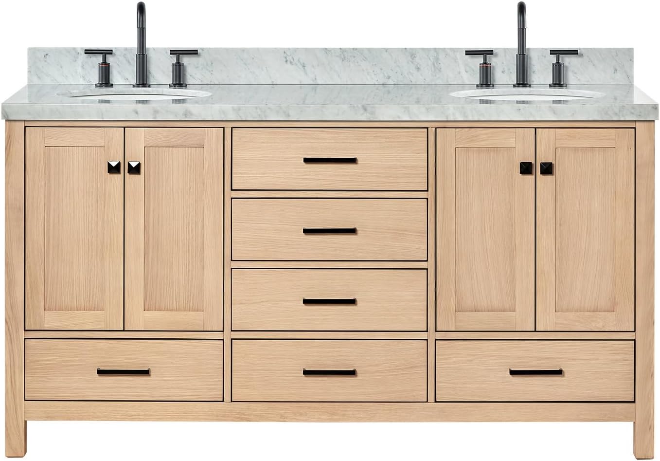 ARIEL Cambridge 66-inch Bathroom Vanity with Sink,Solid Wood, 1.5-inch Italian Carrara Marble Countertop, Double Oval Porcelain Sink, 4 Soft Closing Doors, 6 Dovetail Drawers, White Oak
