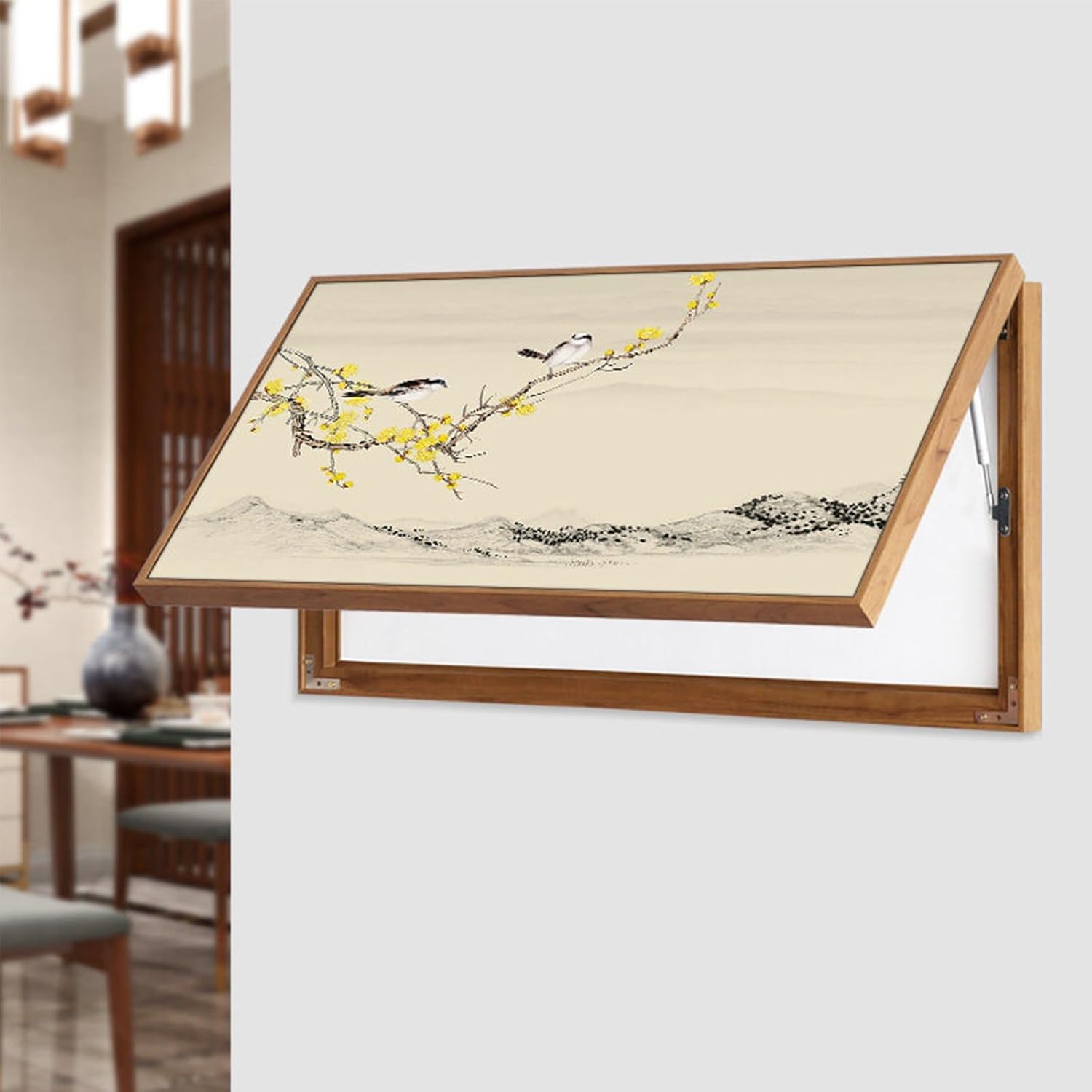 JHDXL Wall Mounted Electrical Panel Cover, Chinese Style Wall Art to Cover, with Hydraulic Rod Support, for Bedroom, Living Room(Yellow1,100 * 50cm/39.4 * 19.7in)