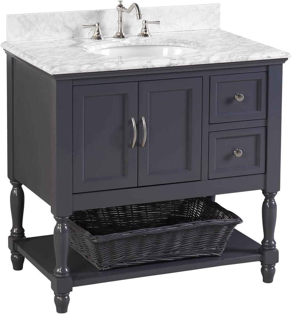 Kitchen Bath Collection Beverly 36-inch Bathroom Vanity (Marine Gray/Carrara): Includes Marine Gray Cabinet with Authentic Italian Carrara Marble Countertop and White Ceramic Sink