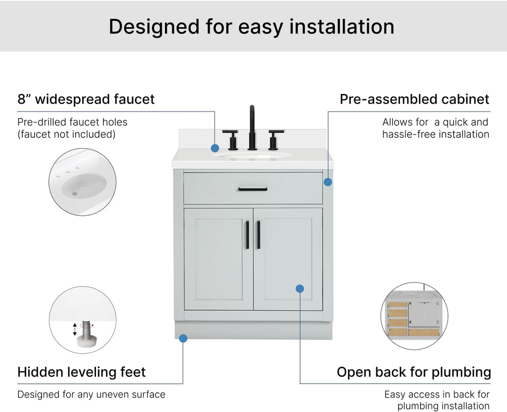 ARIEL Hepburn 30-inch Bathroom Vanity with Sink,Solid Wood, 1.5-inch Pure White Quartz Countertop & Backsplash, Single Oval Porcelain Sink, 2 Soft Closing Doors, 1 Dovetail Drawers, Grey