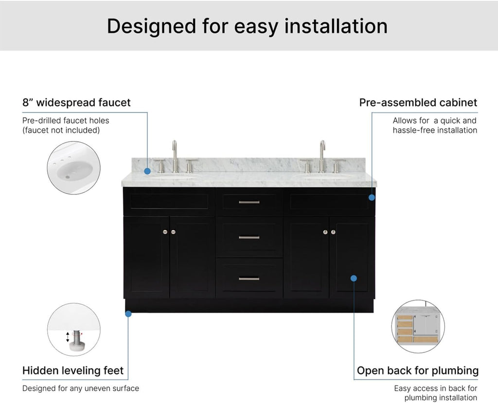 ARIEL Hamlet 66-inch Bathroom Vanity with Sink,Solid Wood, 1.5-inch Italian Carrara Marble Countertop & Backsplash, Double Oval Porcelain Sink, 4 Soft Closing Doors, 3 Dovetail Drawers, Black