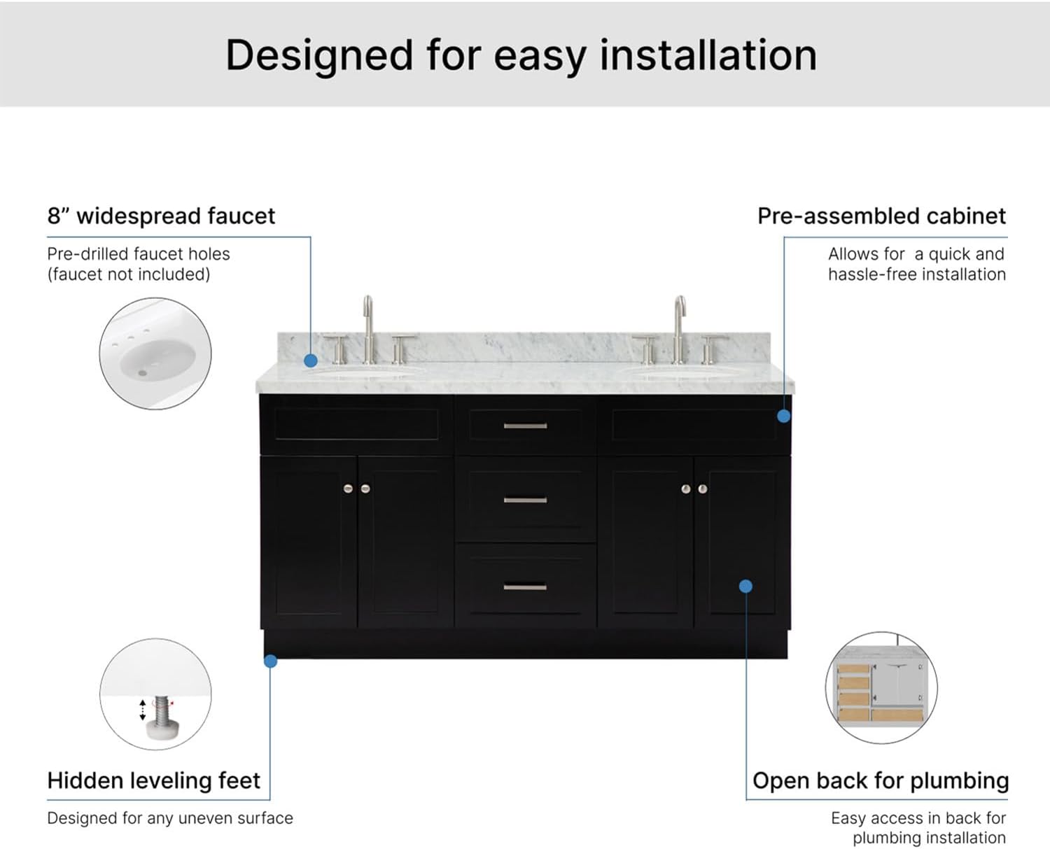 ARIEL Hamlet 66-inch Bathroom Vanity with Sink,Solid Wood, 1.5-inch Italian Carrara Marble Countertop & Backsplash, Double Oval Porcelain Sink, 4 Soft Closing Doors, 3 Dovetail Drawers, Black