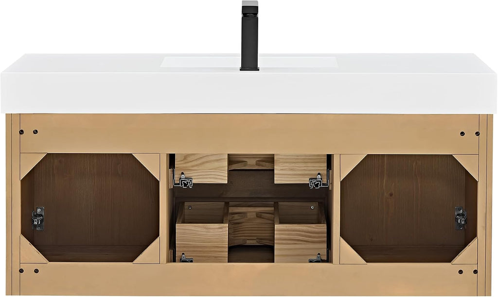 48 Inch Floating Sink Bathroom Vanity Wall Mount Single Vanities Overflow Mordern Large Storge Cabinet with Ceramic Countertop Double Soft Closing Drawers Pre-Assembled