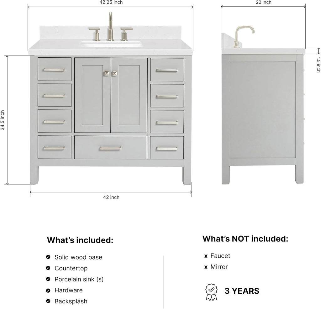 ARIEL Cambridge 42-inch Bathroom Vanity with Sink,Solid Wood, 1.5-inch Carrara White Quartz Countertop, Single Rectangular Porcelain Sink, 2 Soft Closing Doors, 9 Dovetail Drawers, Grey