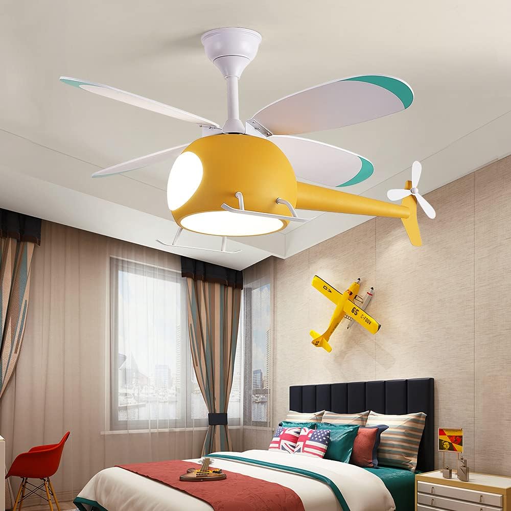 Children's Bedroom Ceiling Fan with lights,Remote control speed,Dimmable Kids Room Cartoon Ceiling Fan Lamp,Helicopter Model Teddy Bear Model Options Yellow