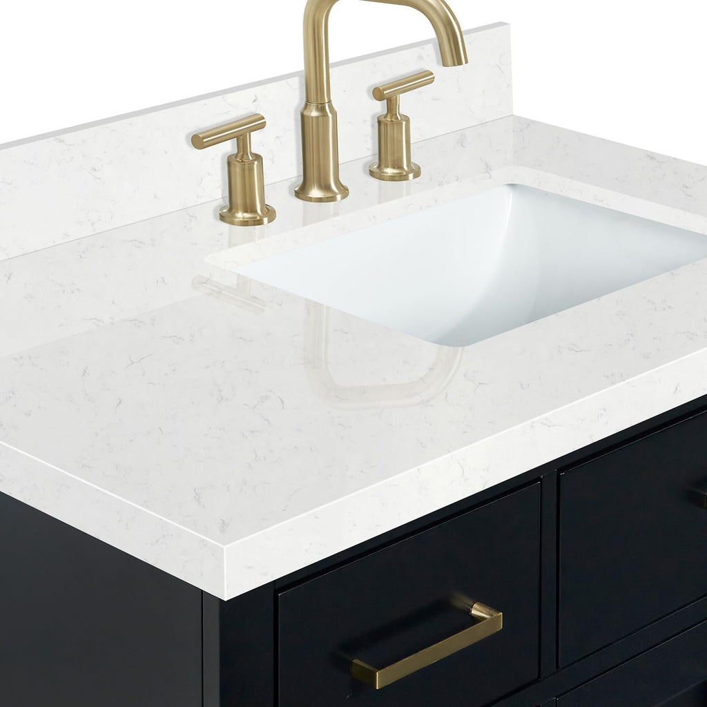 ARIEL Hepburn 36-inch Bathroom Vanity with Sink,Solid Wood, 1.5-inch Carrara White Quartz Countertop & Backsplash, Single Rectangular Porcelain Sink, 2 Soft Closing Doors, 5 Dovetail Drawers, Black