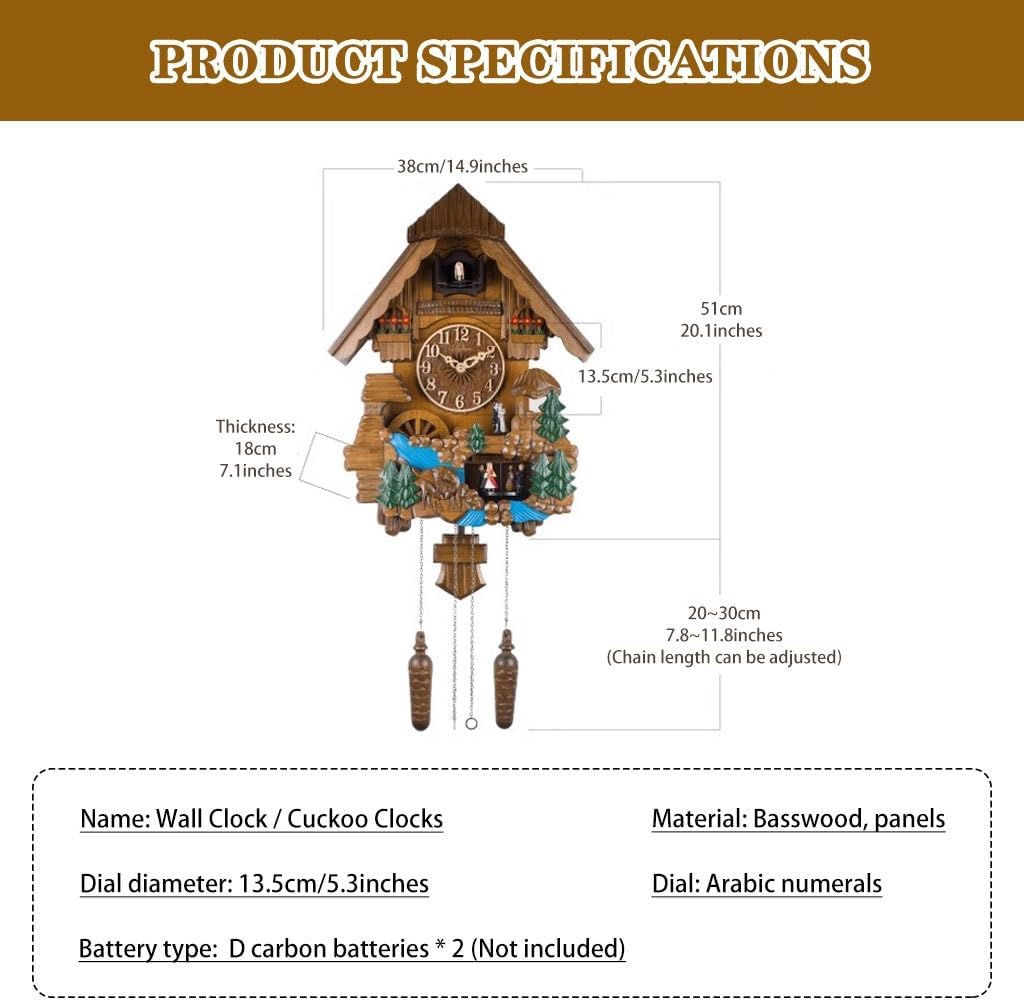 Cuckoo Clocks Wall Clock Decorative Boho Pastoral Style Painted Clock, Hand Carved Cuckoo Clock, European Style Wall Decoration, for Living Room, Report Time Hourly