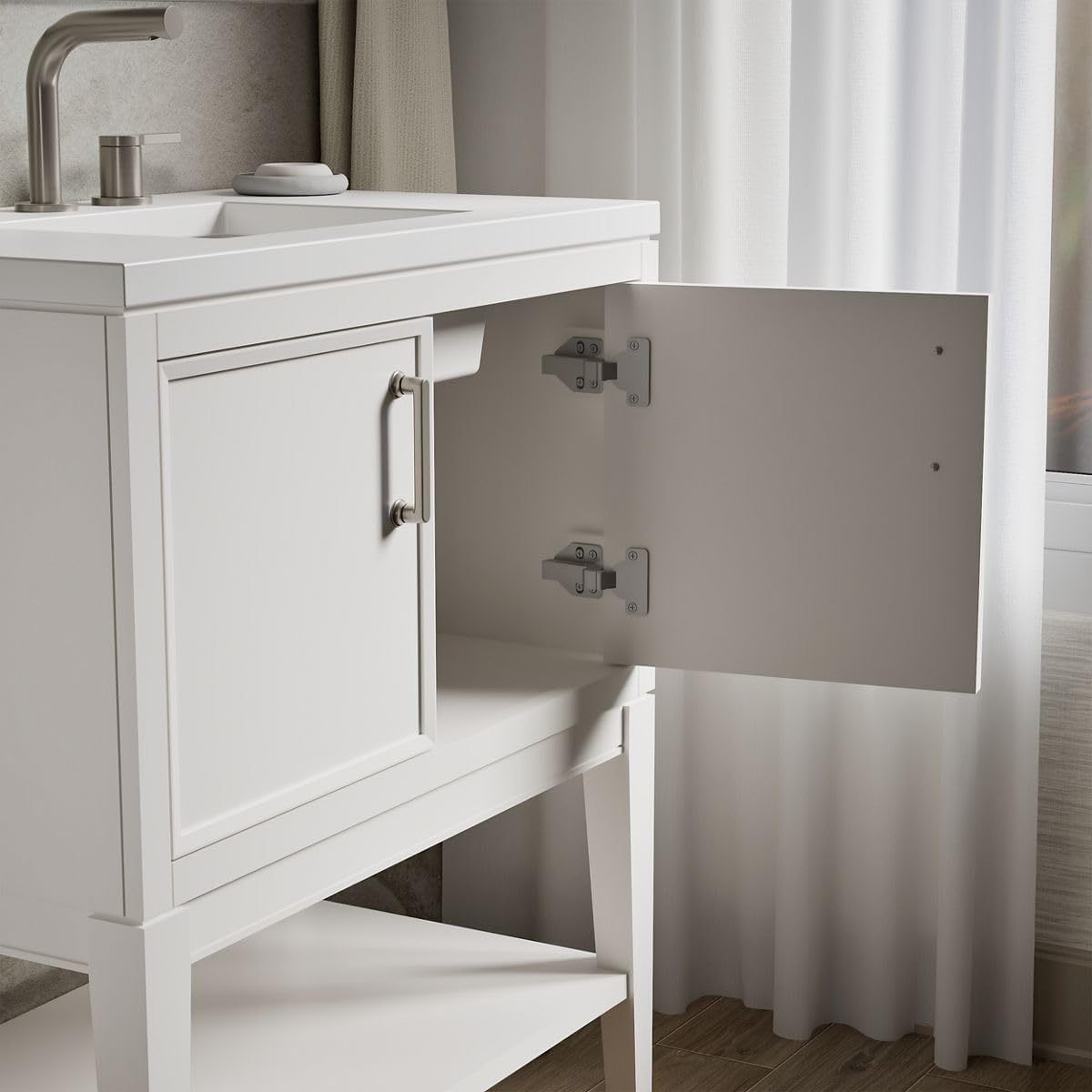 Kohler Winnow 30 Inch Bathroom Vanity Cabinet with White Single Sink and Quartz Top, Modern Bathroom Vanity, White, K-33578-ASB-0