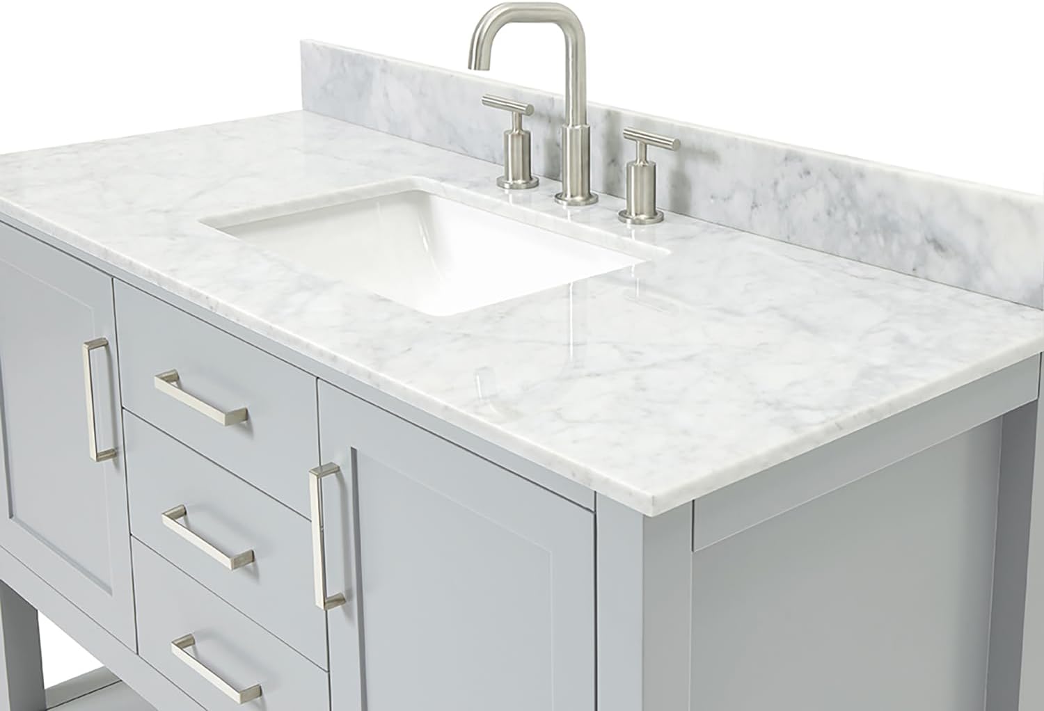 ARIEL Bayhill 48-inch Bathroom Vanity with Sink,Solid Wood, 0.75-inch Italian Carrara Marble Countertop, Single Rectangular Porcelain Sink, 2 Soft Closing Doors, 2 Dovetail Drawers, Grey
