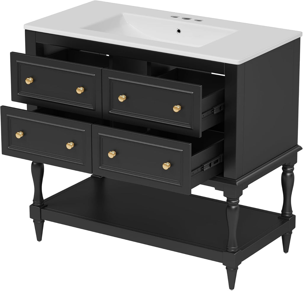Merax Country 36' Bathroom Vanity with Sink, Farmhouse Bathroom Vanity Storage Cabinet with 4 Drawers and Open Shelf, Solid Wood Frame Bath Storage Vanity