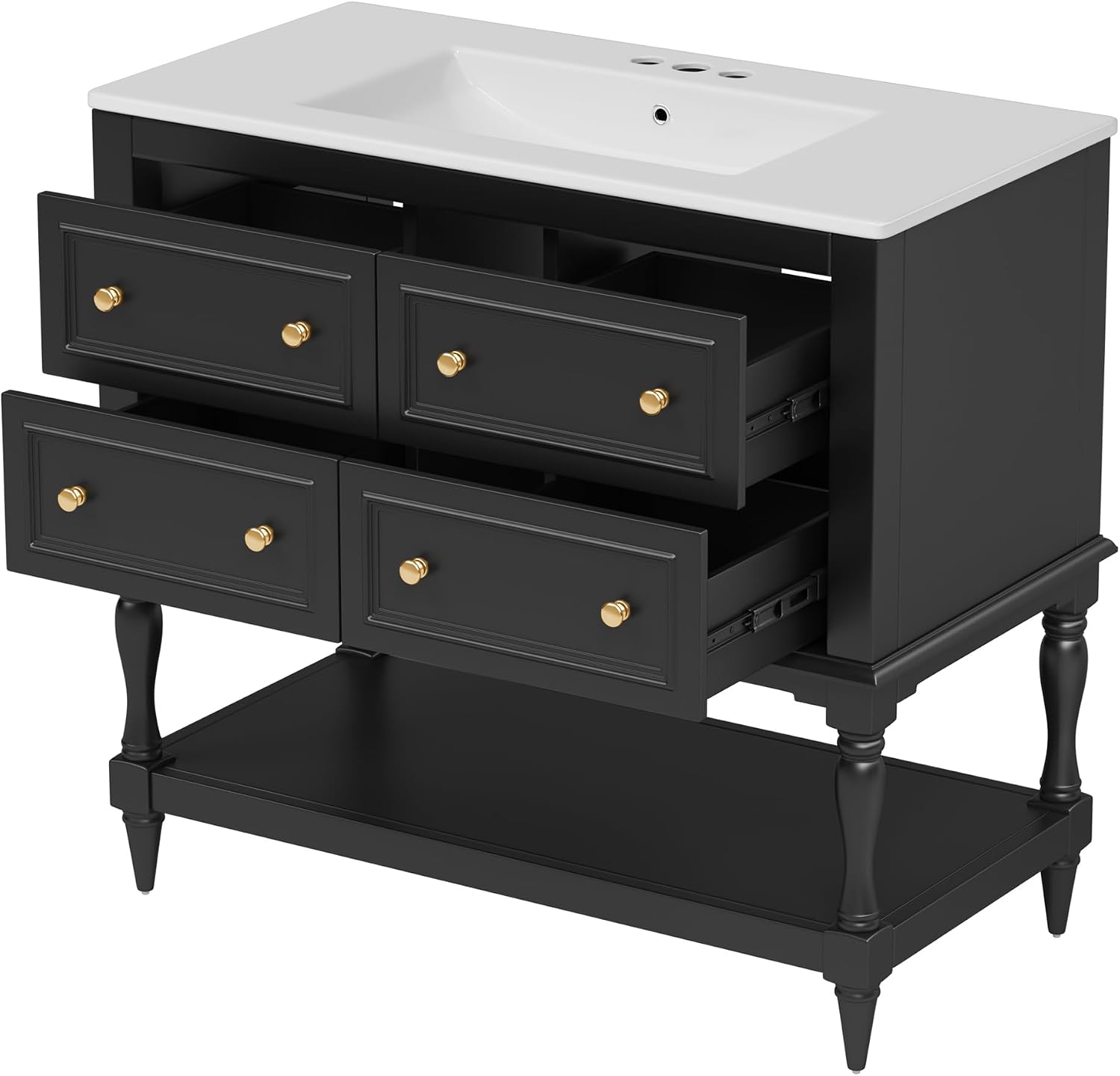 Merax Country 36' Bathroom Vanity with Sink, Farmhouse Bathroom Vanity Storage Cabinet with 4 Drawers and Open Shelf, Solid Wood Frame Bath Storage Vanity