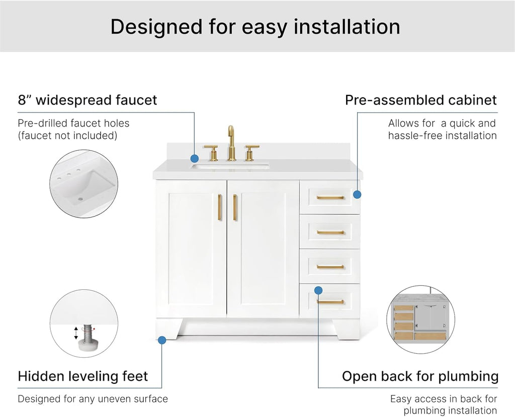 ARIEL Taylor 42-inch Bathroom Vanity with Sink,Solid Wood, 1.5-inch Pure White Quartz Countertop, Single Rectangular Porcelain Sink, Soft Closing Doors, Dovetail Drawers, White