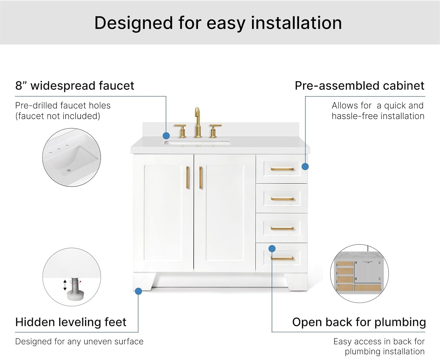 ARIEL Taylor 42-inch Bathroom Vanity with Sink,Solid Wood, 1.5-inch Pure White Quartz Countertop & Backsplash, Single Rectangular Porcelain Sink, 2 Soft Closing Doors, 5 Dovetail Drawers, White