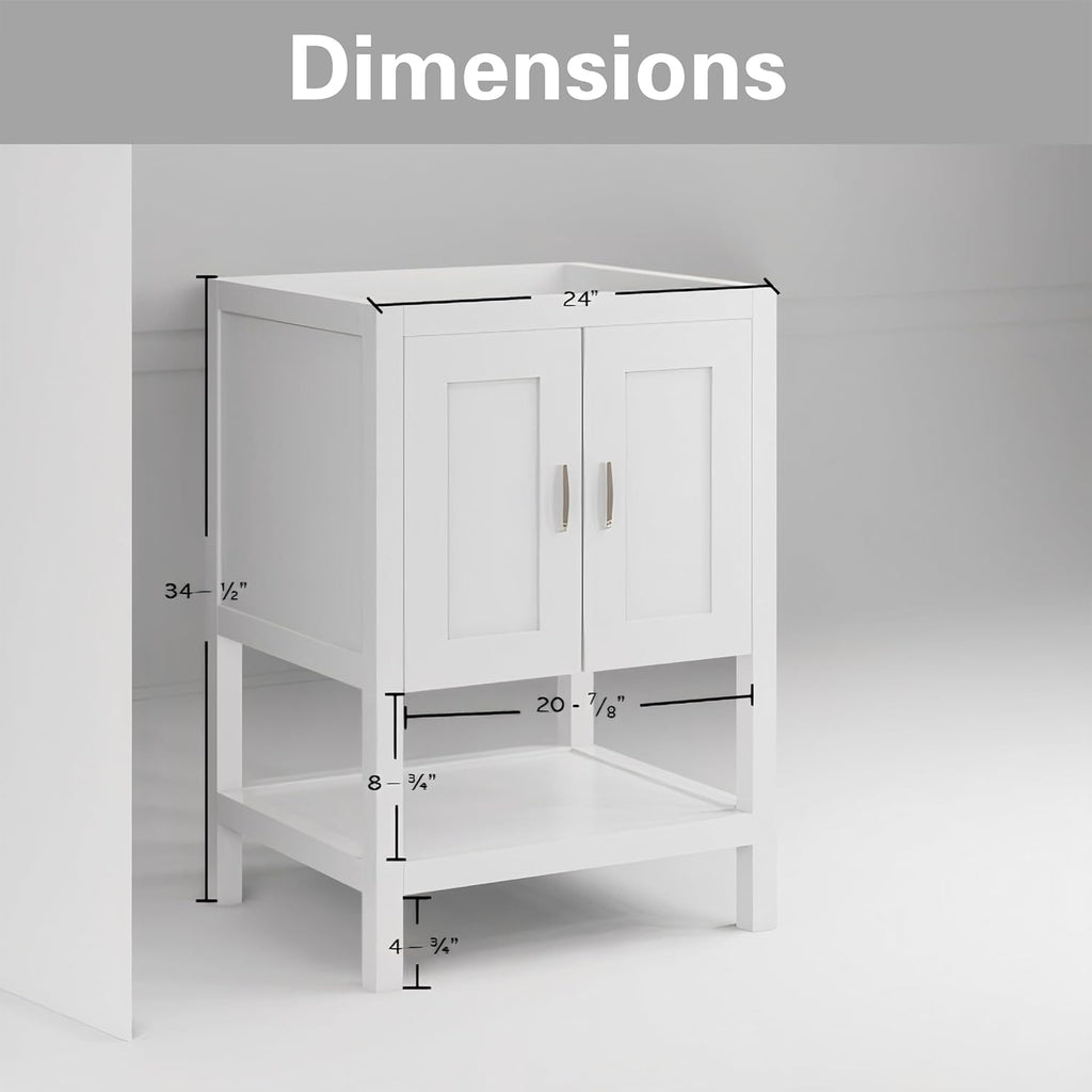 24' Bathroom Vanity with Sink – Freestanding Solid Wood Cabinet with Open Shelf, Soft-Close Doors, Matte White Resin Integrated Top (25' Top Included, White)
