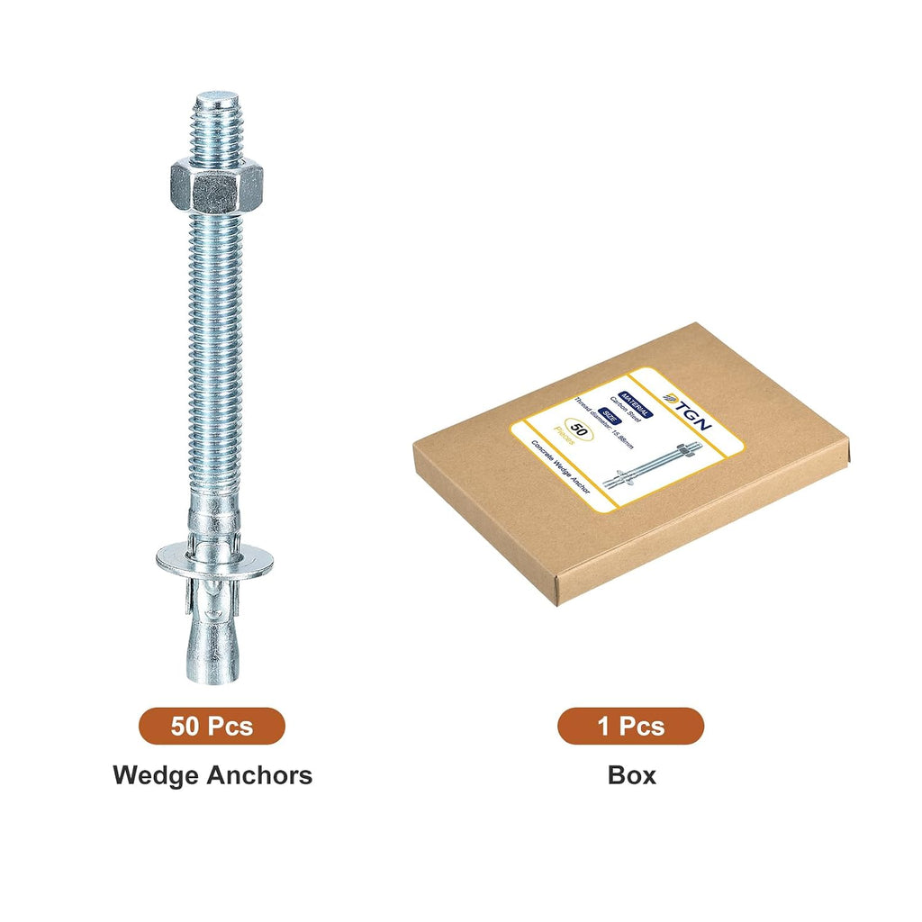 DTGN 5/8' x 6' Wedge Anchors - 50Pack - Good for Cement and Concrete Wall - Carbon Steel Zinc Plated Screw Bolt Nut Expansion Tube Fasteners