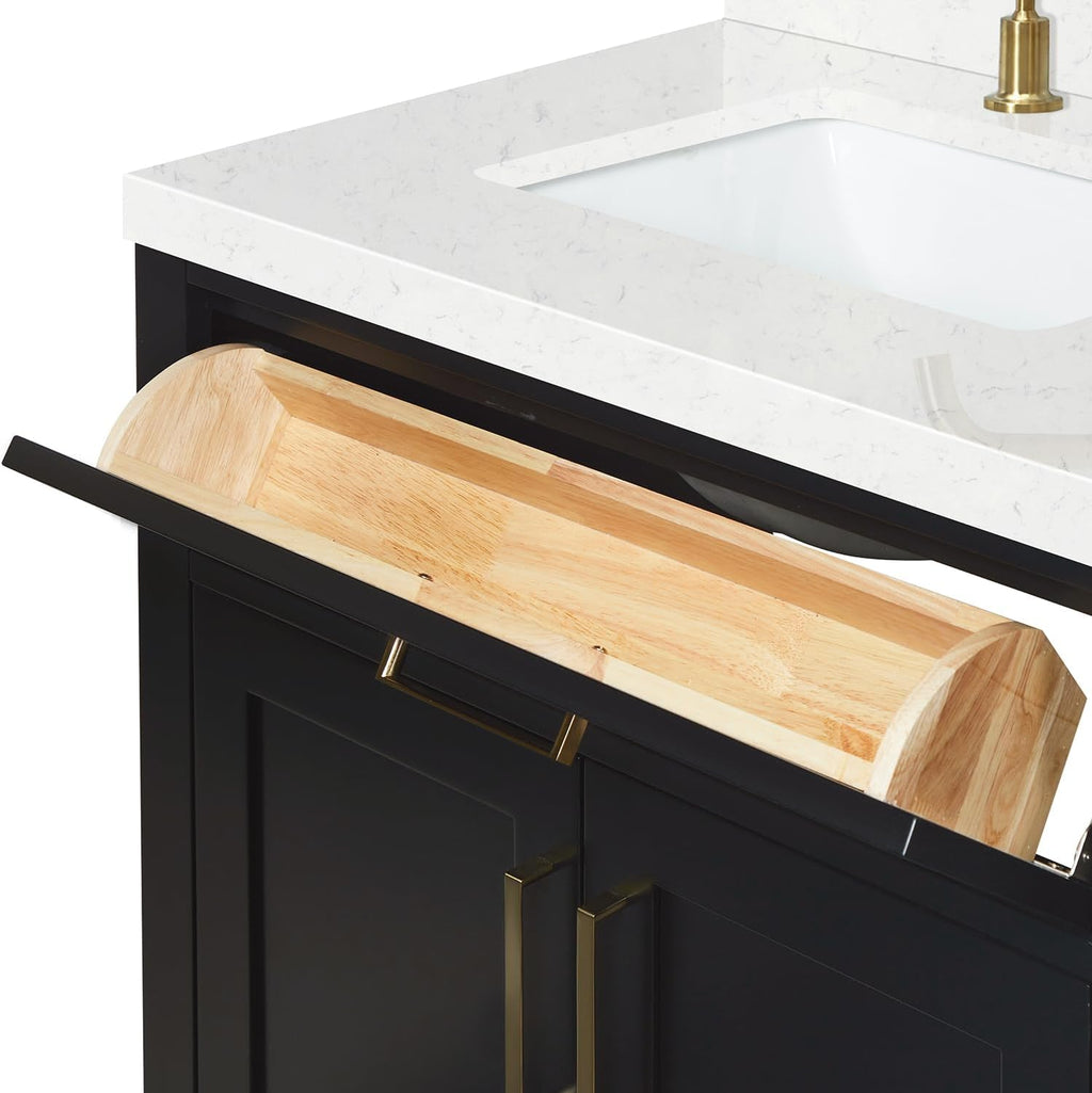 ARIEL Hepburn 30-inch Bathroom Vanity with Sink,Solid Wood, 1.5-inch Carrara White Quartz Countertop & Backsplash, Single Rectangular Porcelain Sink, 2 Soft Closing Doors, 1 Dovetail Drawers, Black