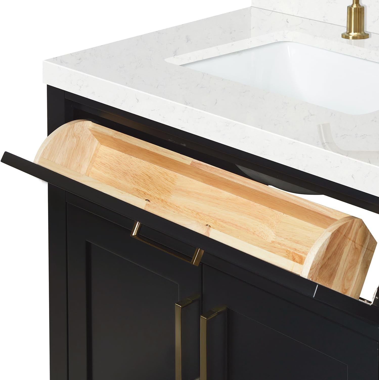ARIEL Hepburn 30-inch Bathroom Vanity with Sink,Solid Wood, 1.5-inch Carrara White Quartz Countertop & Backsplash, Single Rectangular Porcelain Sink, 2 Soft Closing Doors, 1 Dovetail Drawers, Black