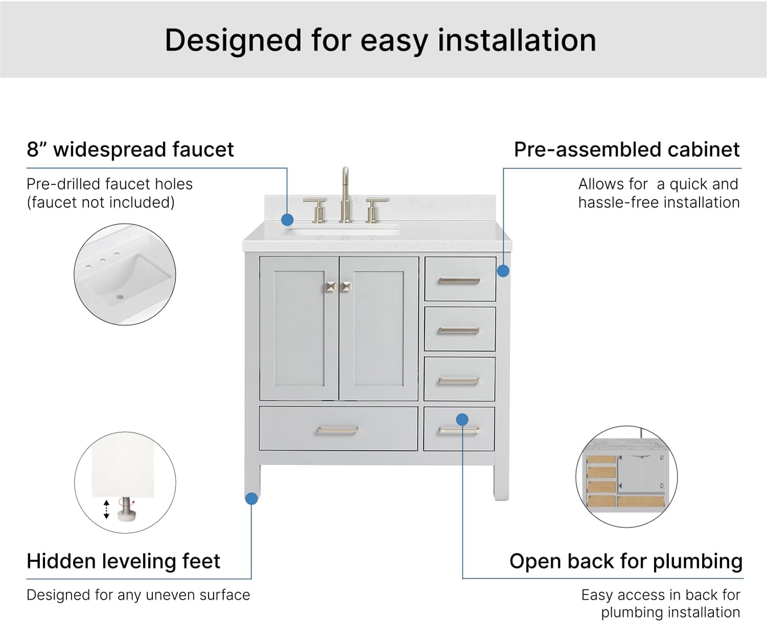 ARIEL Cambridge 36-inch Bathroom Vanity with Sink,Solid Wood, 1.5-inch Carrara White Quartz Countertop, Single Rectangular Porcelain Sink, 2 Soft Closing Doors, 5 Dovetail Drawers, Grey