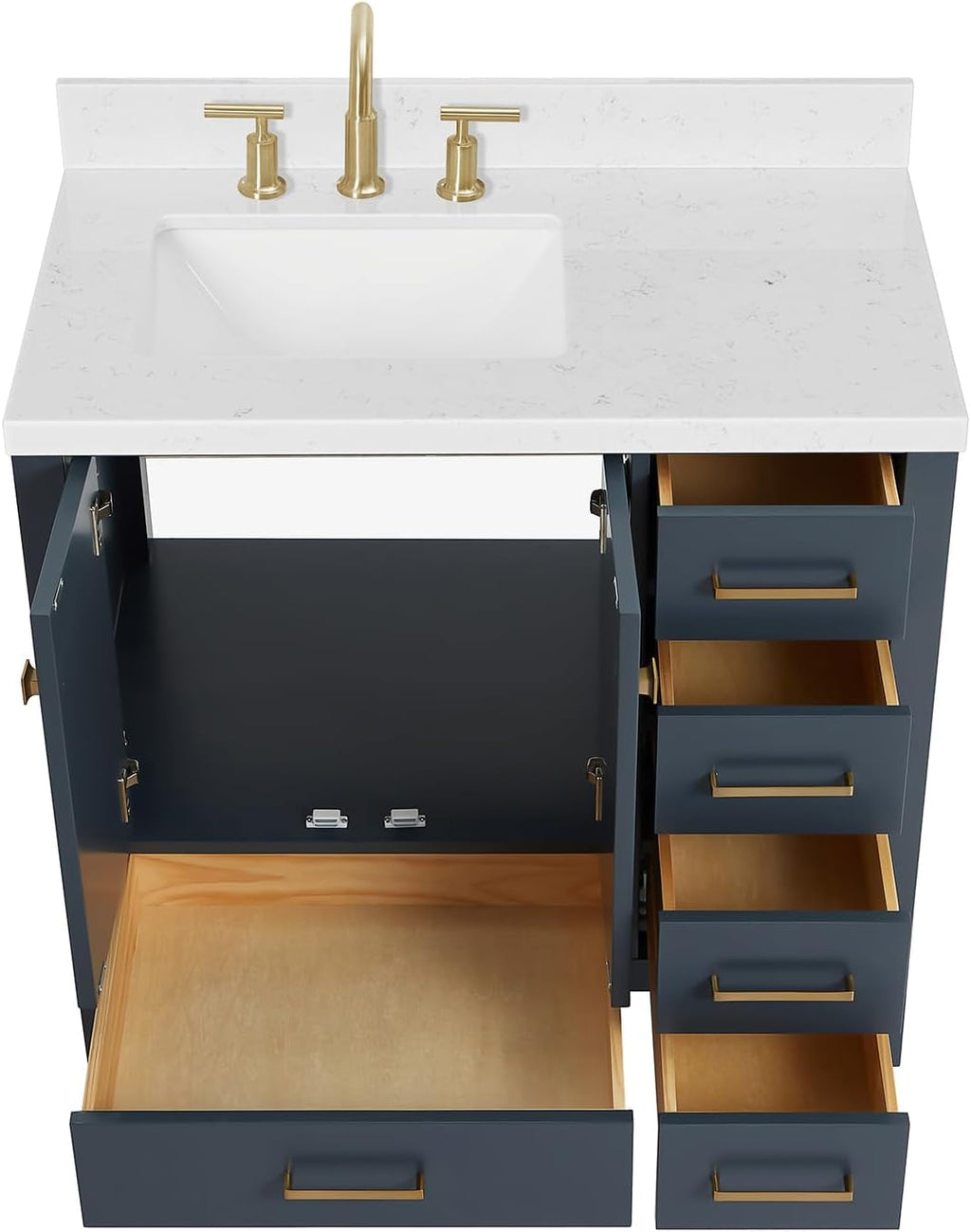 ARIEL Cambridge 36-inch Bathroom Vanity with Sink,Solid Wood, 1.5-inch Carrara White Quartz Countertop, Single Rectangular Porcelain Sink, 2 Soft Closing Doors, 5 Dovetail Drawers, Midnight Blue