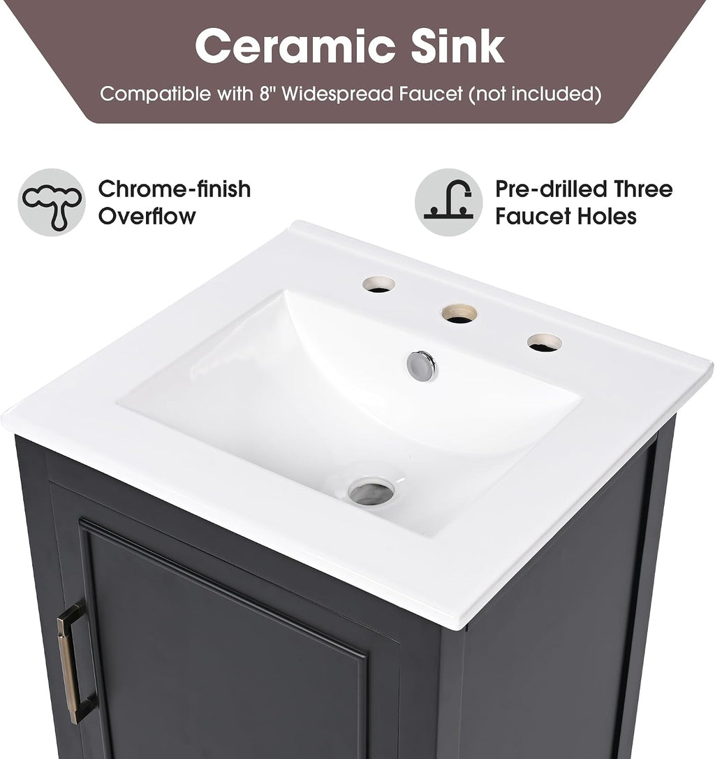 Harper & Bright Designs 20' Bathroom Vanity with Sink, Free Standing Single Vanity Set with One Drawer, and Door Storage Shelf, Solid Wood Storage Cabinet with Ceramic Basin for Bathroom, Black