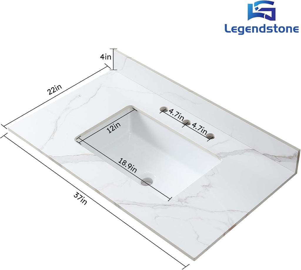 37' Bathroom Vanity Top with Ceramic Undermount Sink & Backsplash,Carrara Gold Sintered Stone Counter Top, 3 Holes Vanity Sink Top