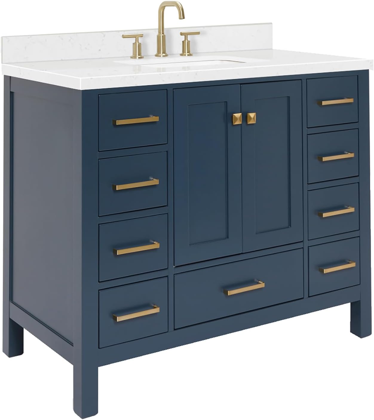 ARIEL Cambridge 42-inch Bathroom Vanity with Sink,Solid Wood, 1.5-inch Carrara White Quartz Countertop, Single Rectangular Porcelain Sink, 2 Soft Closing Doors, 9 Dovetail Drawers, Midnight Blue
